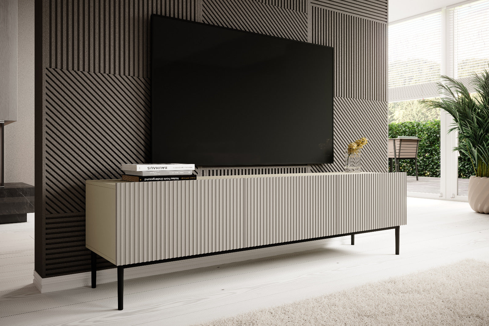 Mobile TV 2 ante a ribalta 1 cassetto con piede in metallo nero Nicole 200x45 cm