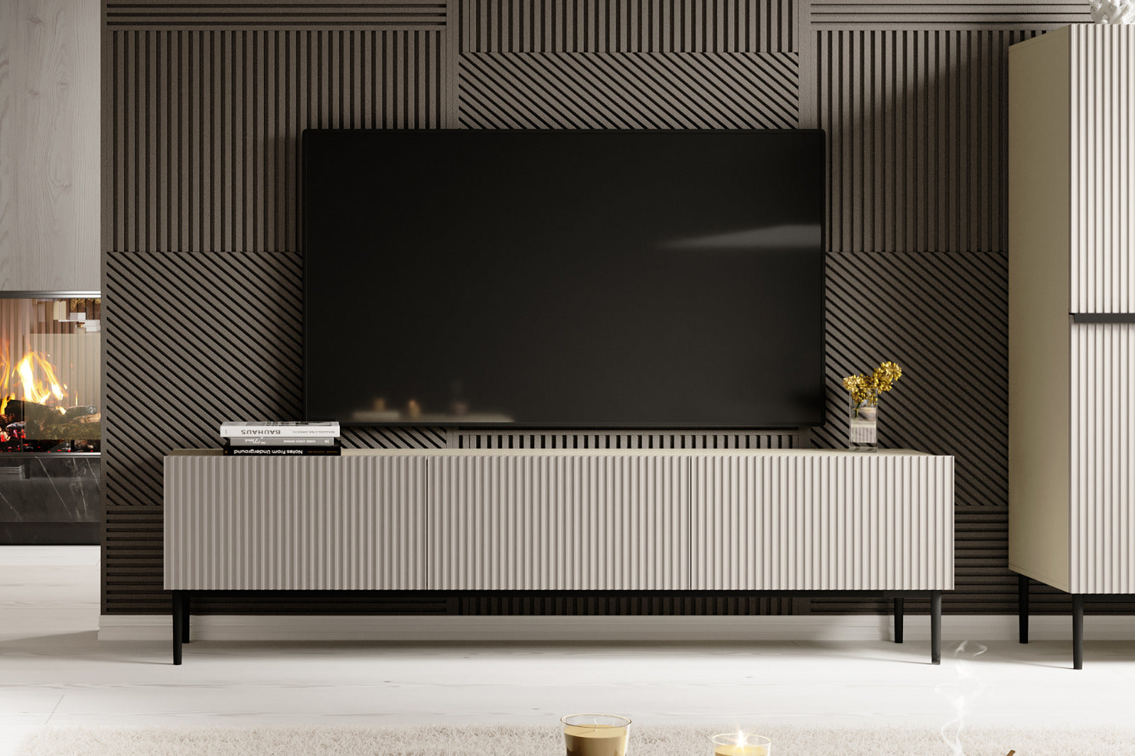 Mobile TV 2 ante a ribalta 1 cassetto con piede in metallo nero Nicole 200x45 cm
