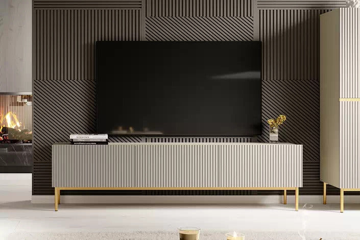 Mobile TV 2 ante a ribalta 1 cassetto cachemire con piede in metallo oro Nicole 200 x 45 cm