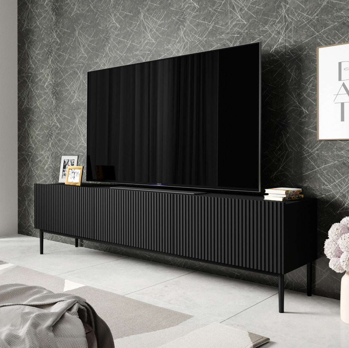 Mobile TV 2 ante a ribalta 1 cassetto con piede in metallo nero Nicole 200x45 cm