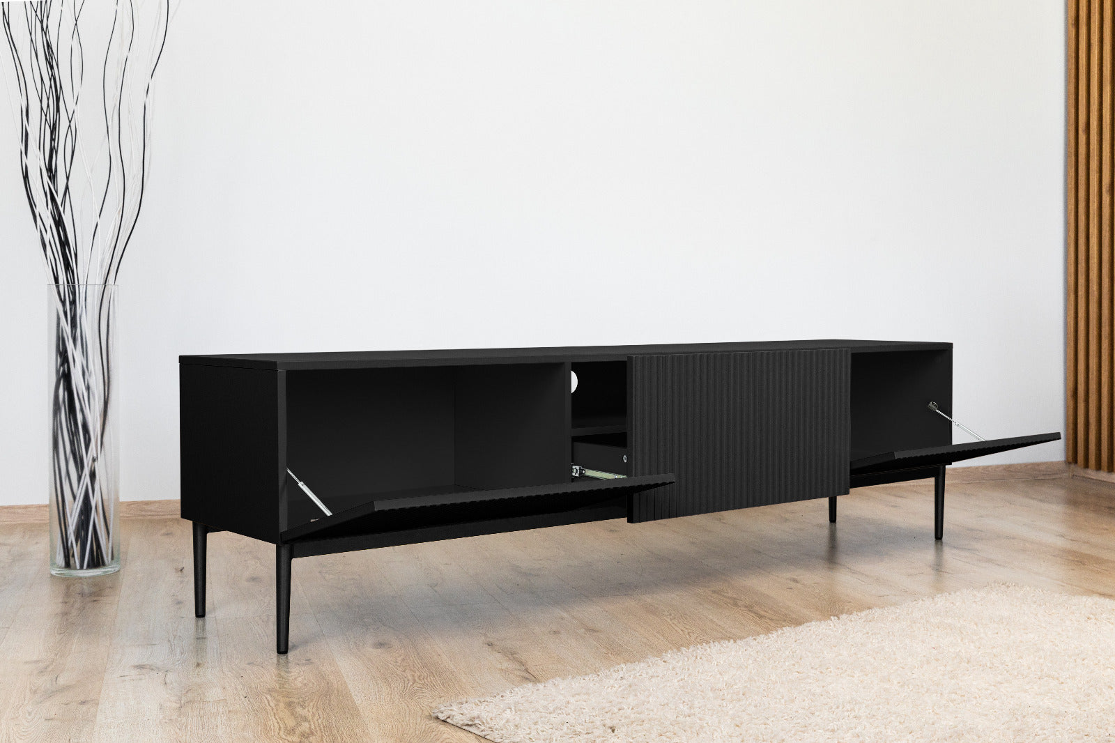 Mobile TV 2 ante a ribalta 1 cassetto con piede in metallo nero Nicole 200x45 cm