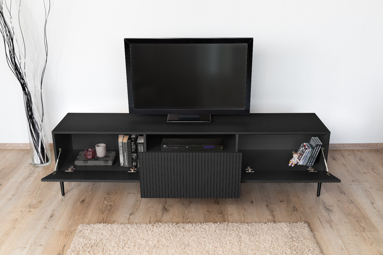 Mobile TV 2 ante a ribalta 1 cassetto con piede in metallo nero Nicole 200x45 cm