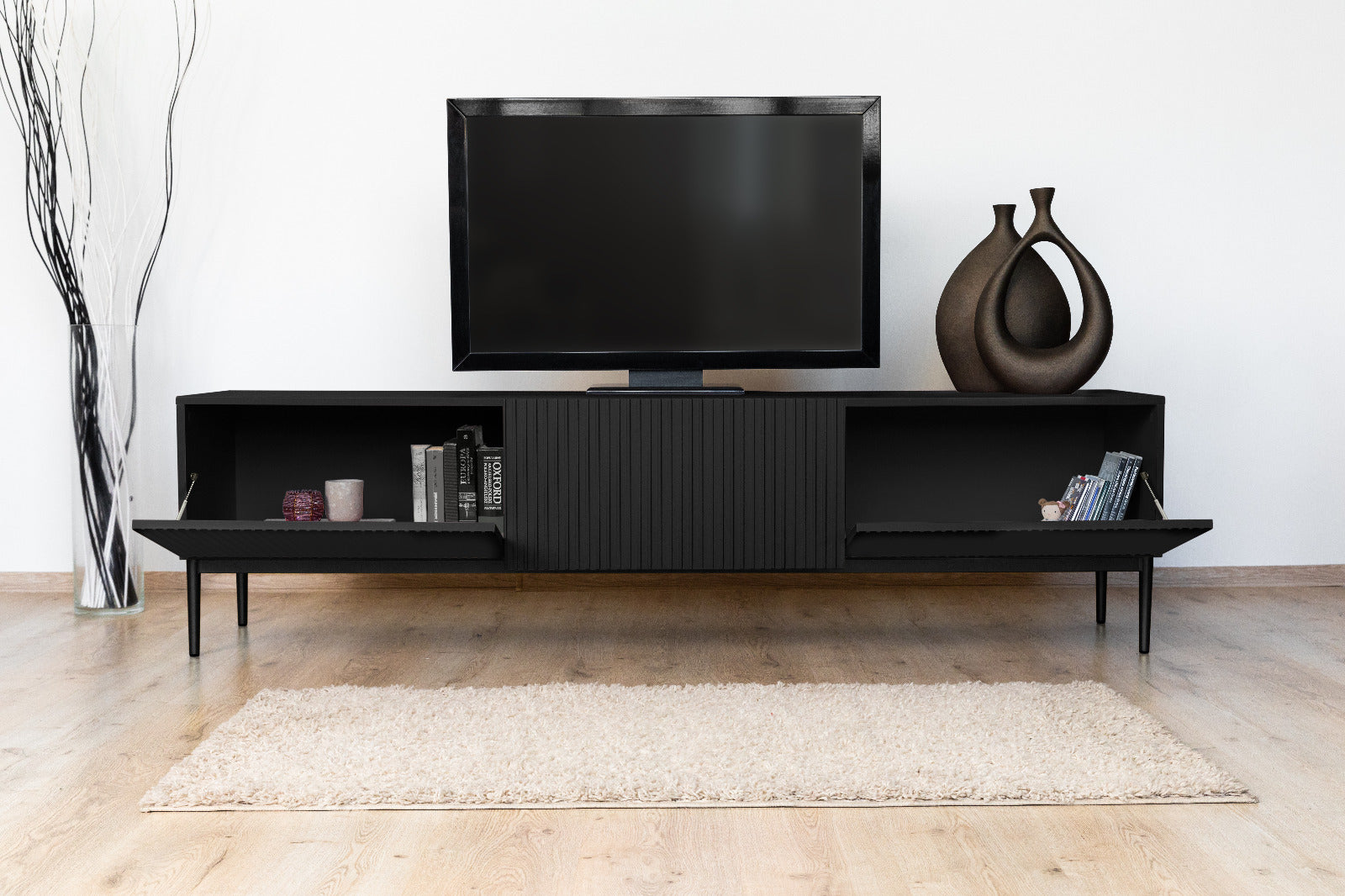 Mobile TV 2 ante a ribalta 1 cassetto con piede in metallo nero Nicole 200x45 cm