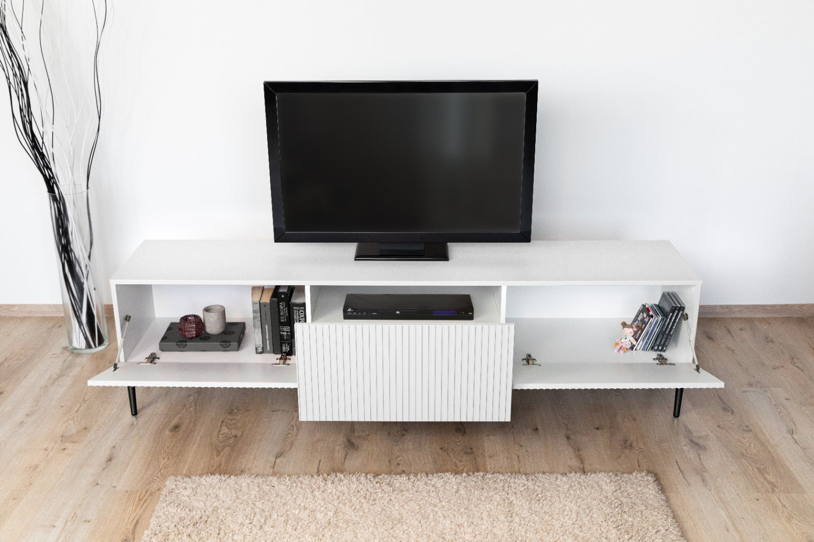 Mobile TV 2 ante a ribalta 1 cassetto con piede in metallo nero Nicole 200x45 cm