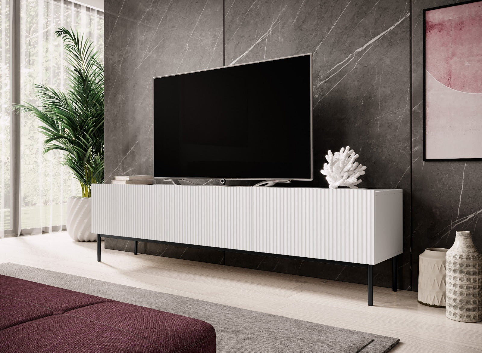 Mobile TV 2 ante a ribalta 1 cassetto con piede in metallo nero Nicole 200x45 cm