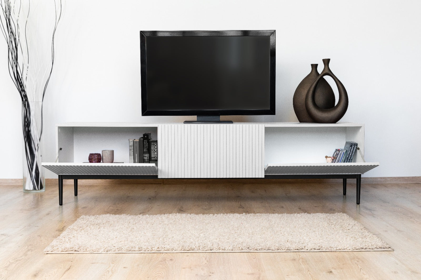 Mobile TV 2 ante a ribalta 1 cassetto con piede in metallo nero Nicole 200x45 cm