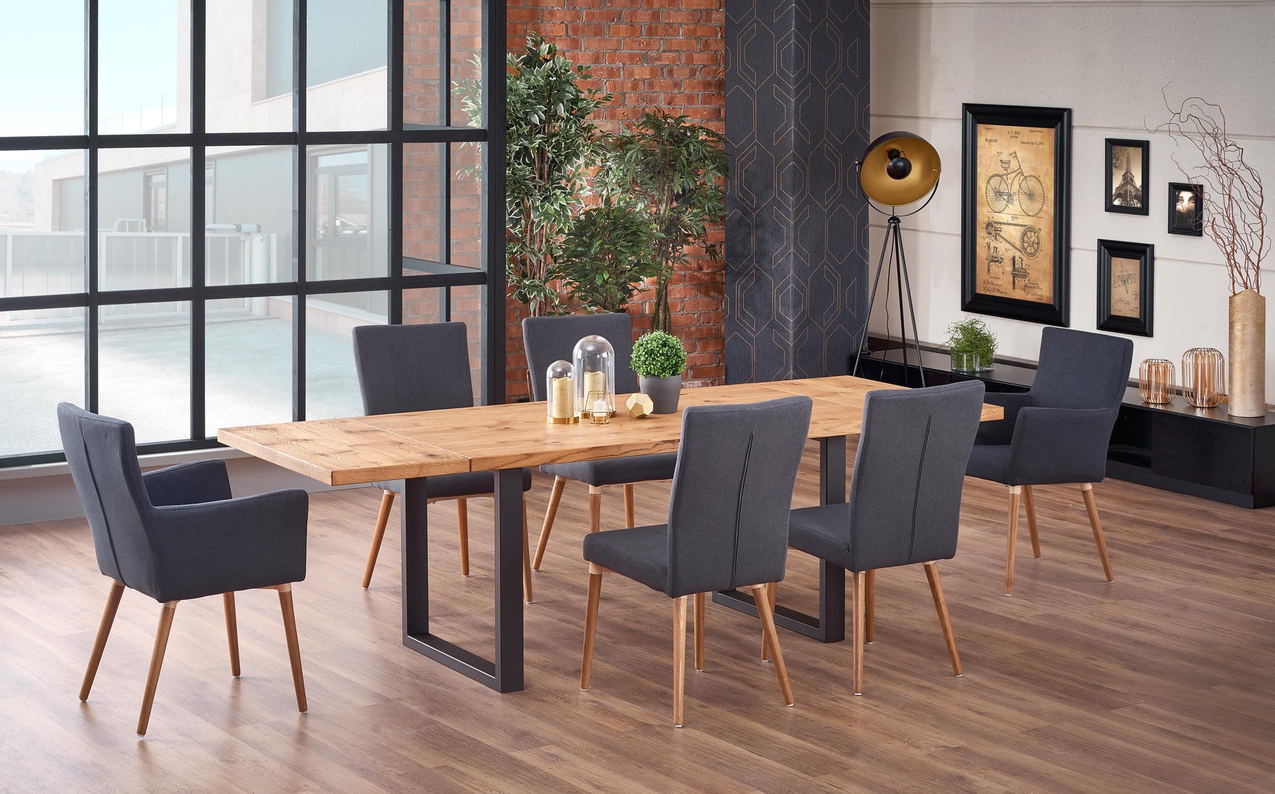 Tavolo allungabile in legno impiallacciato rovere con gambe in acciaio nero Perez 160x90 cm - allungabile a 250 cm
