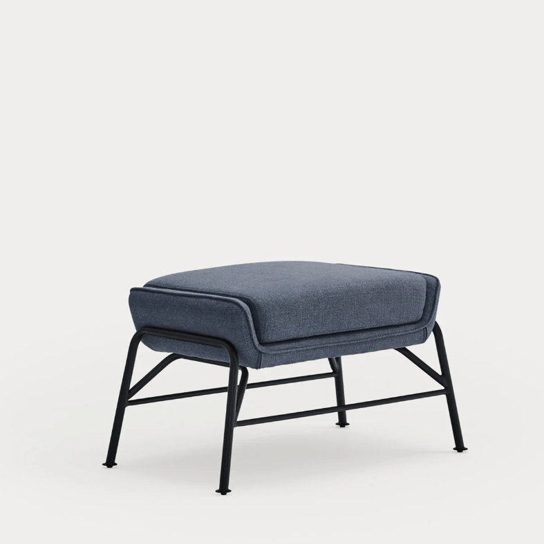 Poggiapiedi in tessuto blu con struttura in metallo per poltrona Sadira