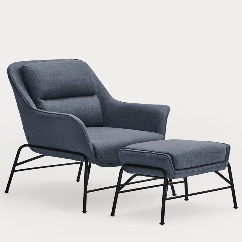 Poggiapiedi in tessuto blu con struttura in metallo per poltrona Sadira