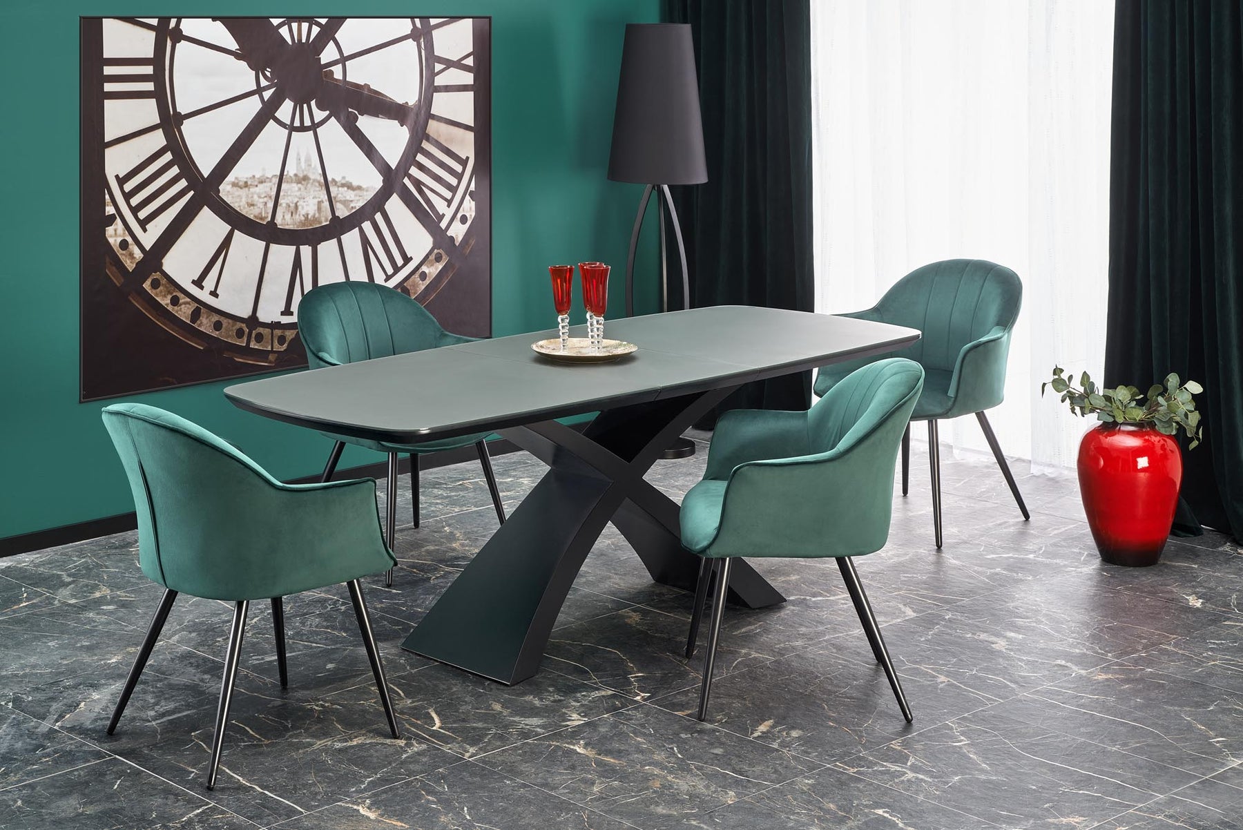 Tavolo allungabile in vetro grigio scuro con gambe in acciaio nero Silvestro 180 x 89 cm - allungabile fino a 220 cm