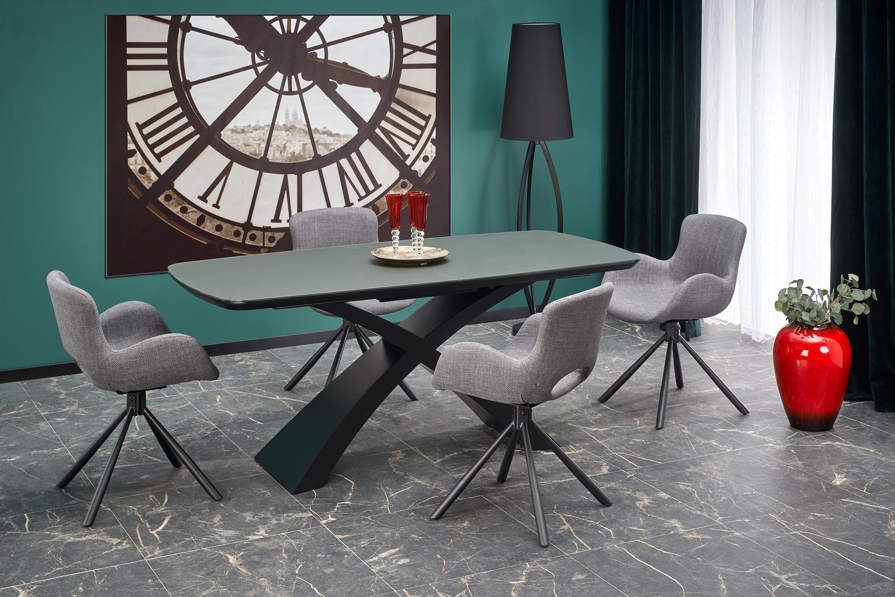 Tavolo allungabile in vetro grigio scuro con gambe in acciaio nero Silvestro 180 x 89 cm - allungabile fino a 220 cm