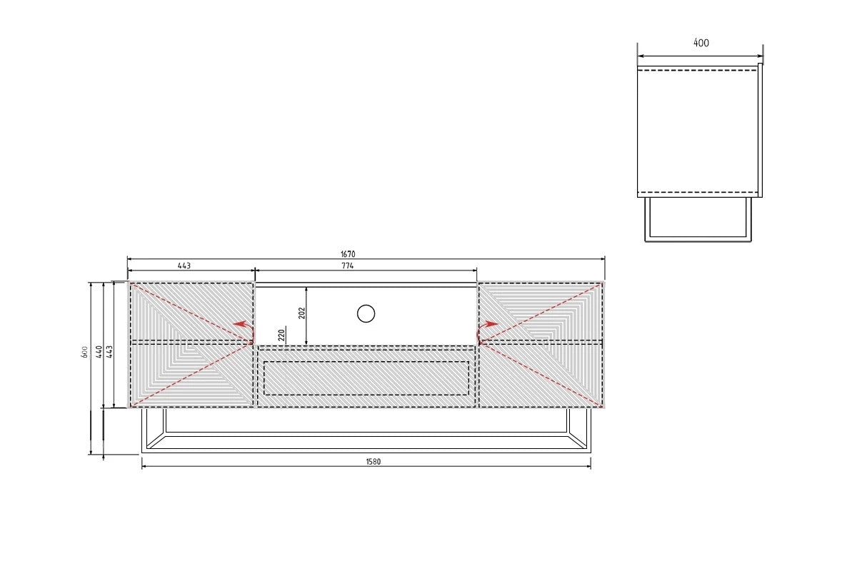 Mobile TV 2 ante 1 cassetto in legno laminato con piede in metallo Asha 167x40 cm