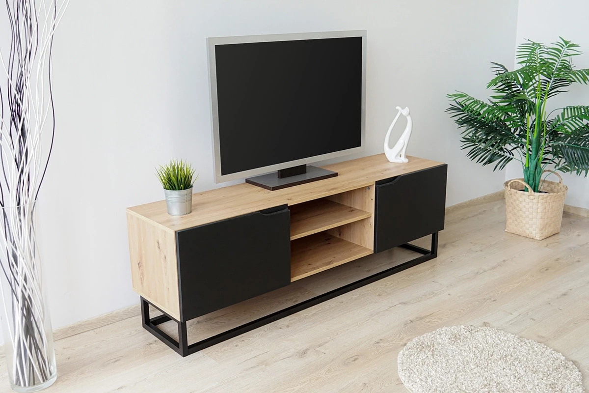 Mobile TV 2 ante a ribalta in legno laminato con piede in metallo Loftia 160x37 cm