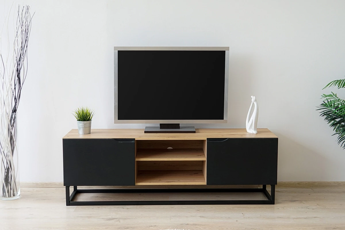 Mobile TV 2 ante a ribalta in legno laminato con piede in metallo Loftia 160x37 cm