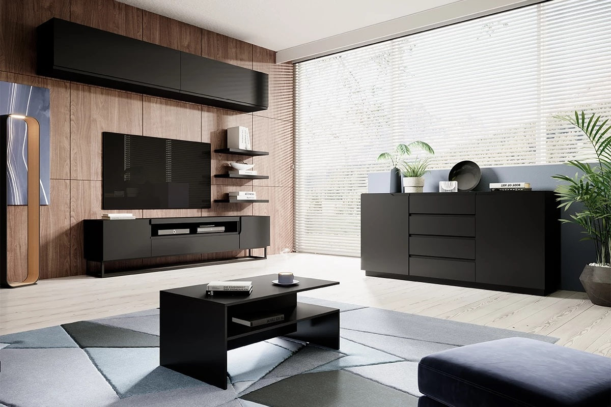 Mobile TV 2 ante 1 cassetto a ribalta in legno laminato con piede in metallo Loftia 200x37 cm