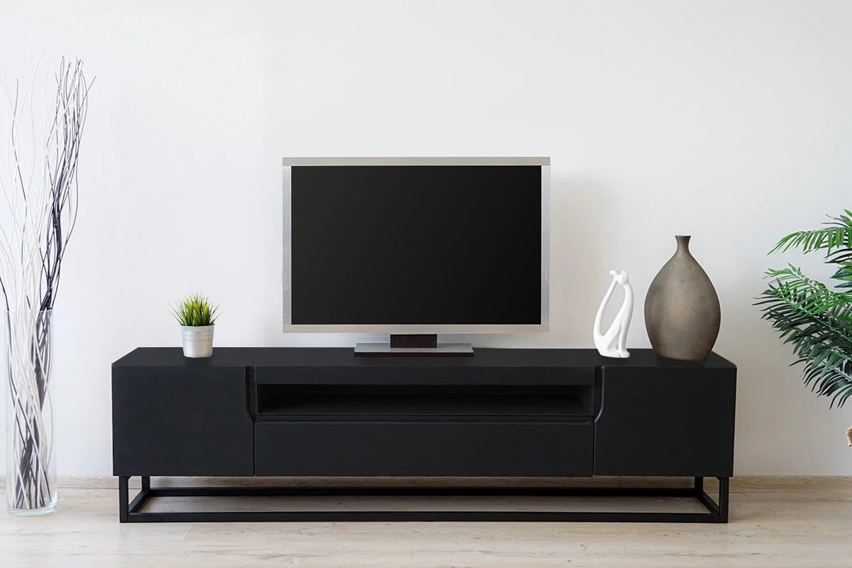 Mobile TV 2 ante 1 cassetto a ribalta in legno laminato con piede in metallo Loftia 200x37 cm