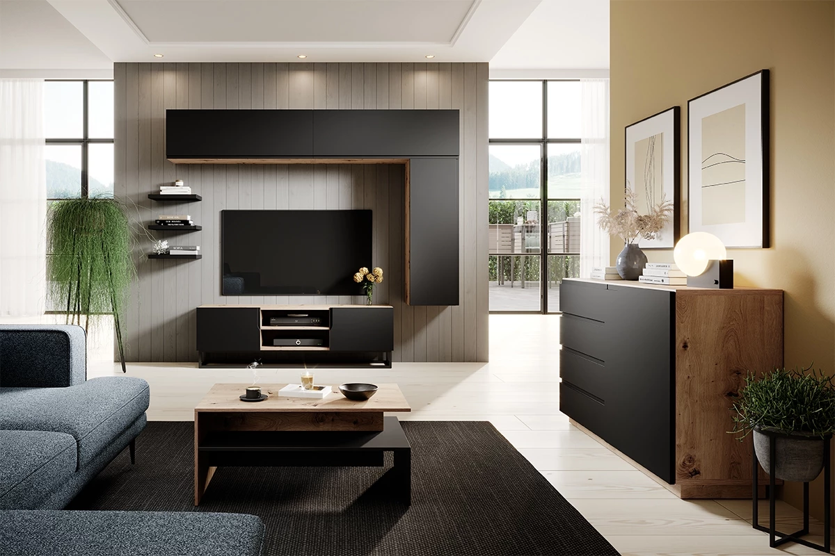 Mobile TV 2 ante a ribalta in legno laminato con piede in metallo Loftia 160x37 cm