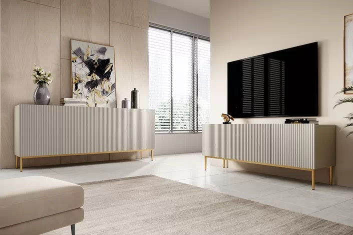 Mobile TV cachemire 2 ante a ribalta 1 cassetto con piede in metallo oro Nicole 150 x 45 cm