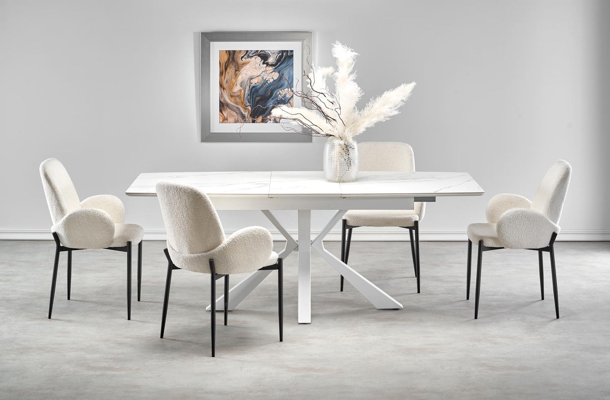 Tavolo allungabile in pietra sinterizzata effetto marmo bianco con gambe in acciaio bianco Vivaldi 160x89 cm - allungabile fino a 200 cm