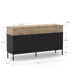 Madia 3 ante 3 cassetti nero e rovere Maris 150x80 cm
