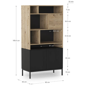 Libreria 3 ante nero e rovere Maris 90x170 cm