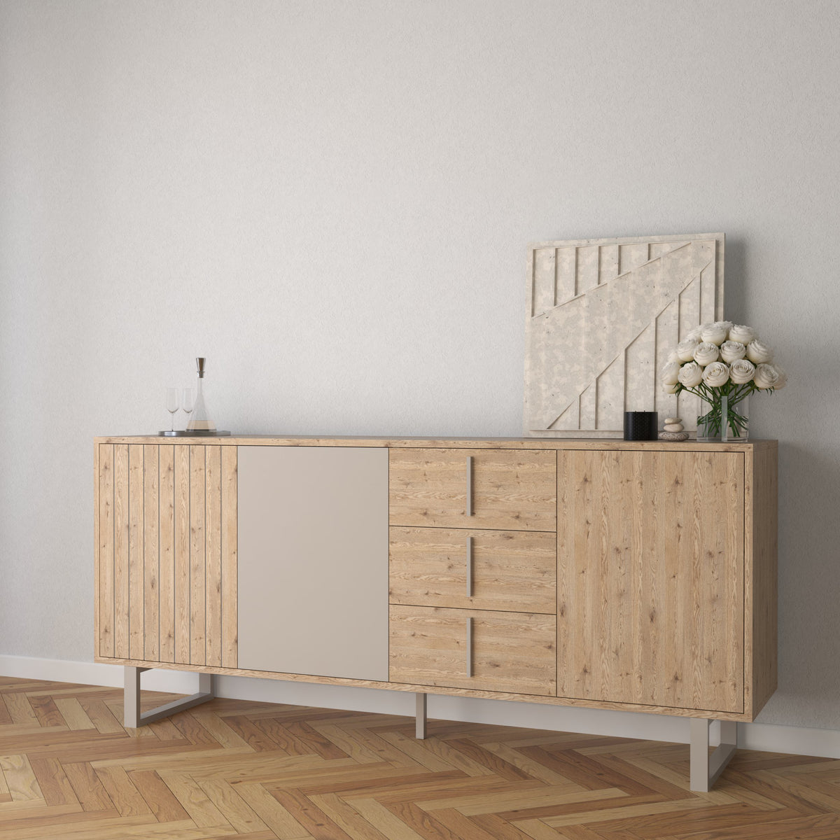 Madia 3 ante 3 cassetti rovere/grigio Molly 180x80 cm