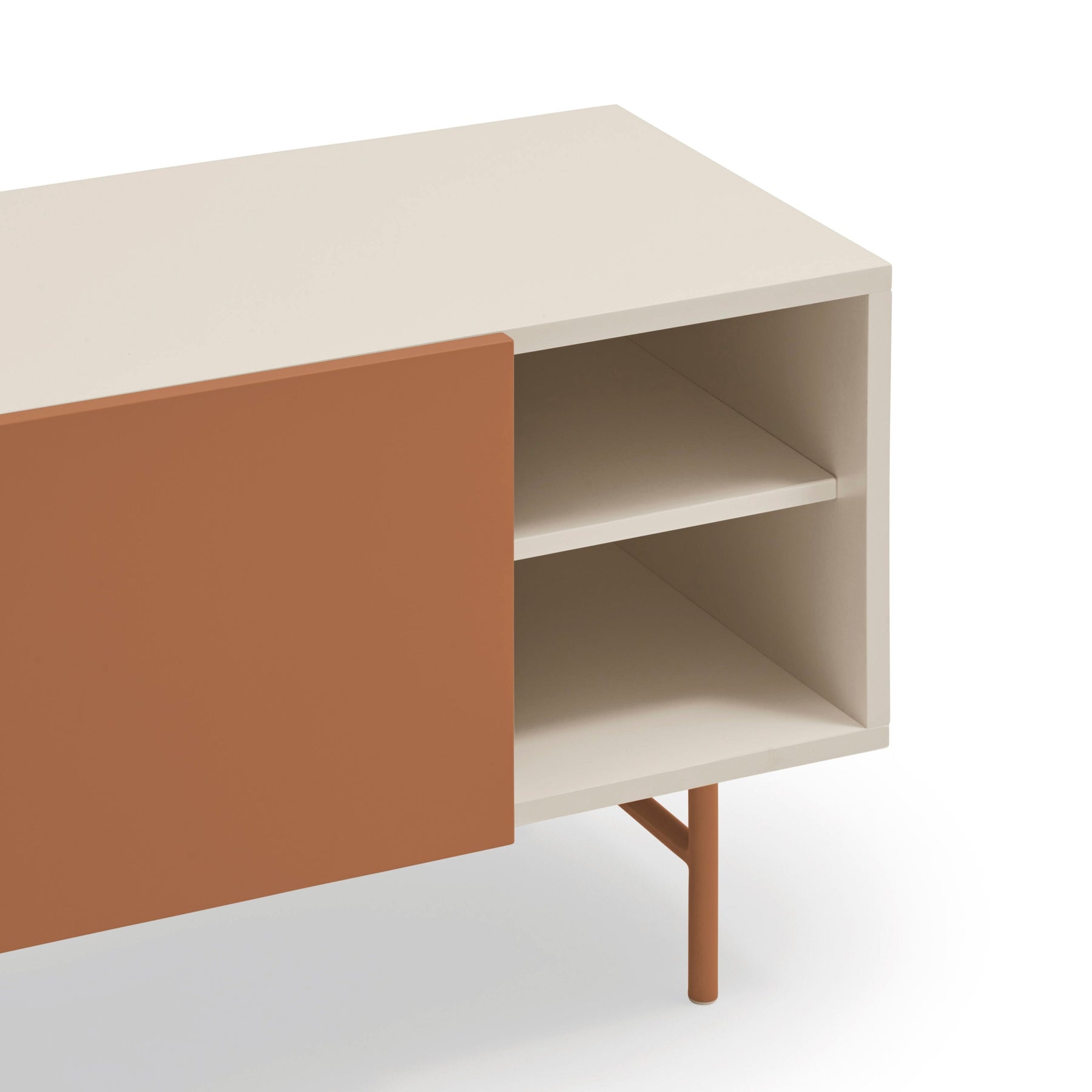 Mobile TV 2 ante e 2 cassetti laccato sabbia e terracotta con piede in ferro Nube di Teulat 180x56 cm