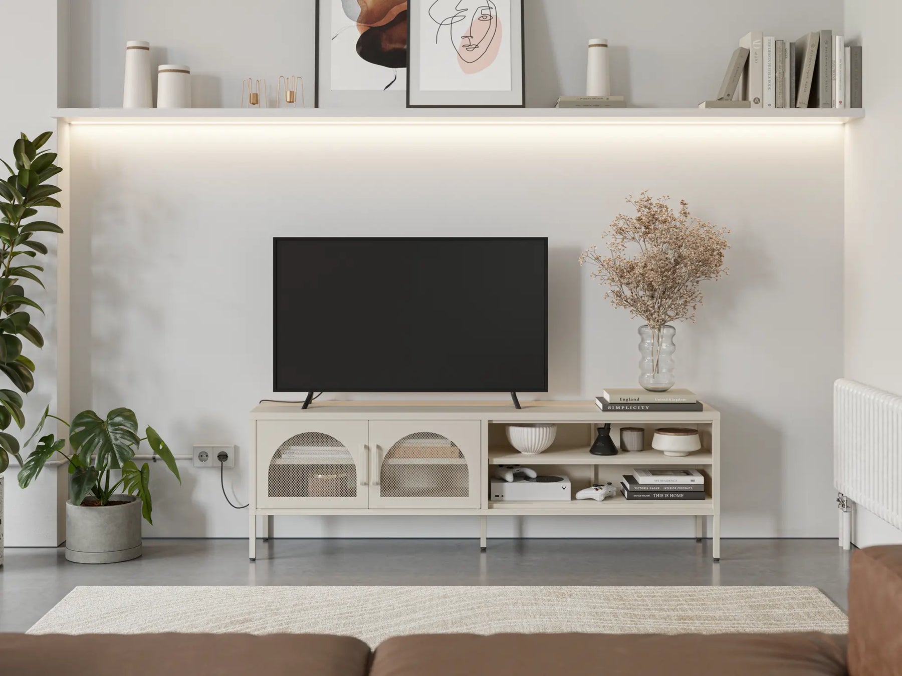 Mobile TV in metallo con ante in vetro e mensole a giorno Diora 160x50 cm