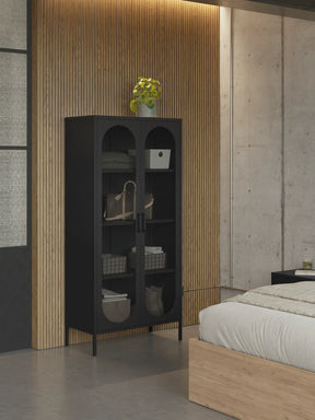 Credenza in metallo con 2 ante in rete e ripiani regolabili Diora 40x170 cm