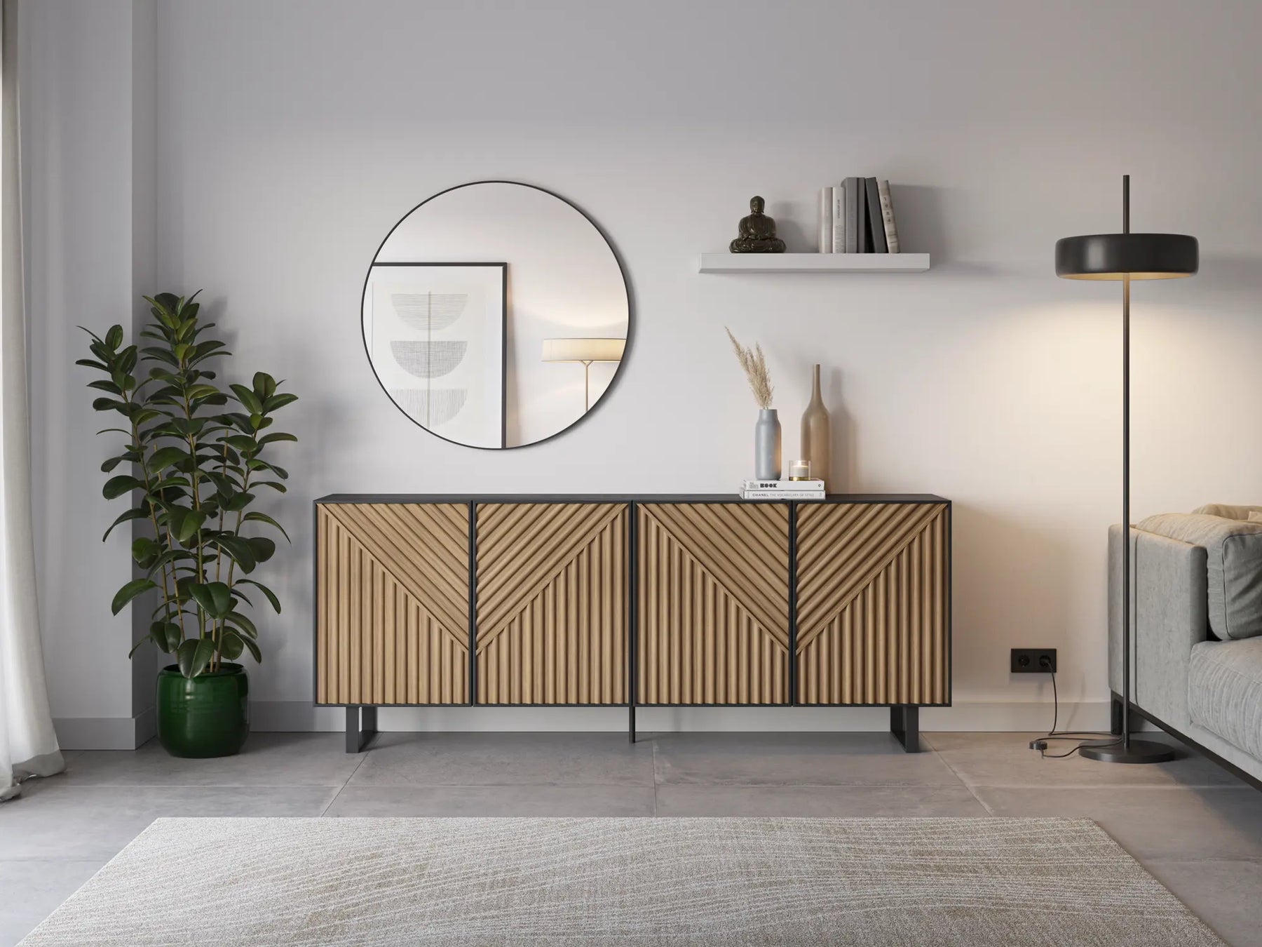 Credenza 4 ante nero e rovere Clea 201x80 cm