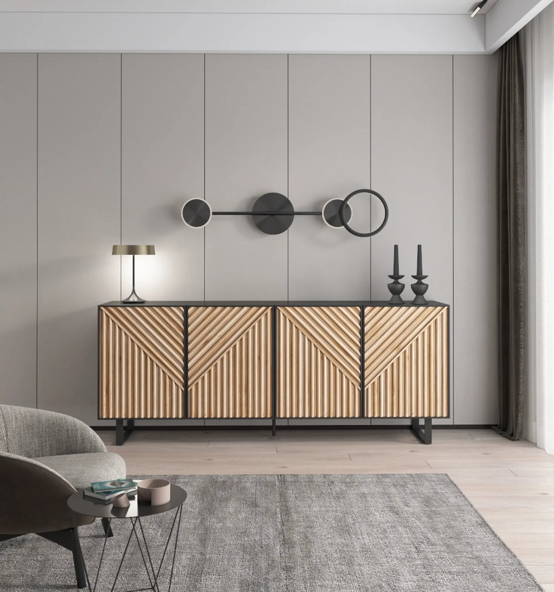 Credenza 4 ante nero e rovere Clea 201x80 cm