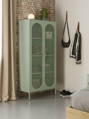 Credenza in metallo con 2 ante in rete e ripiani regolabili Diora 40x170 cm