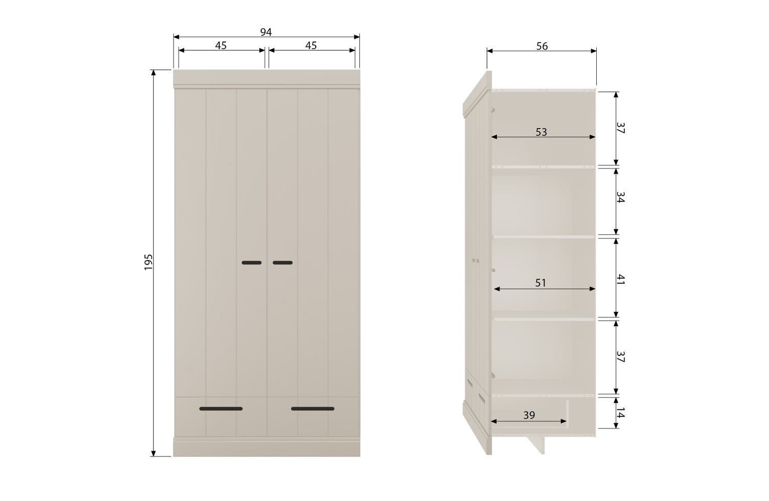Armadio 2 ante 2 cassetti in legno di pino Connect 94x195 cm