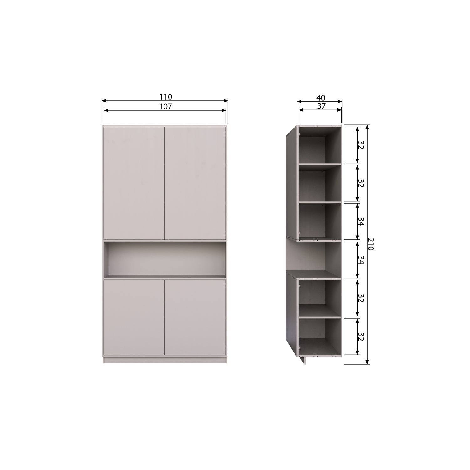 Credenza 4 ante in legno di pino grigio nebbia Finca 110x210 cm