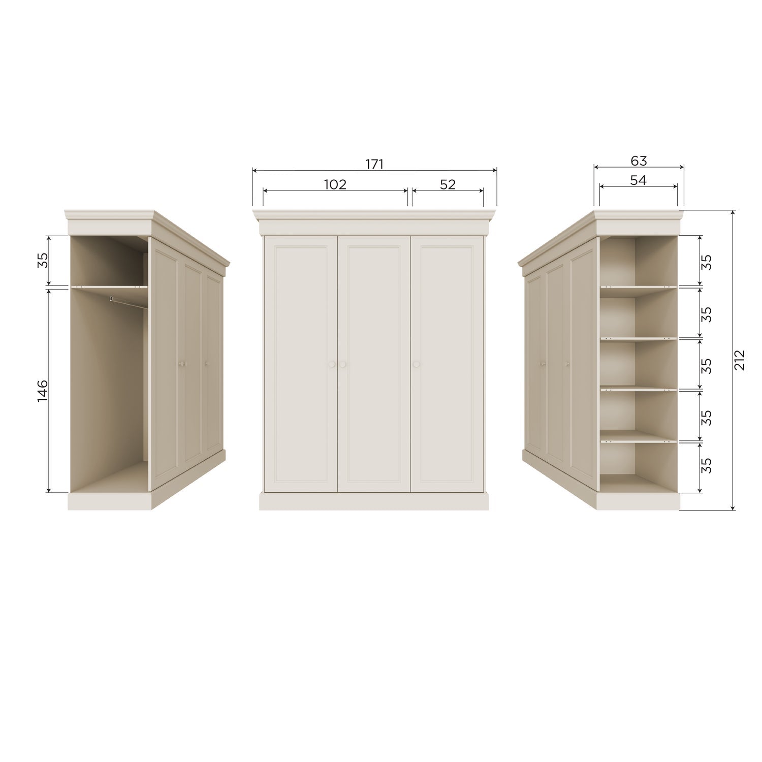 Armadio 3 ante in legno di pino Olivia 171x212 cm