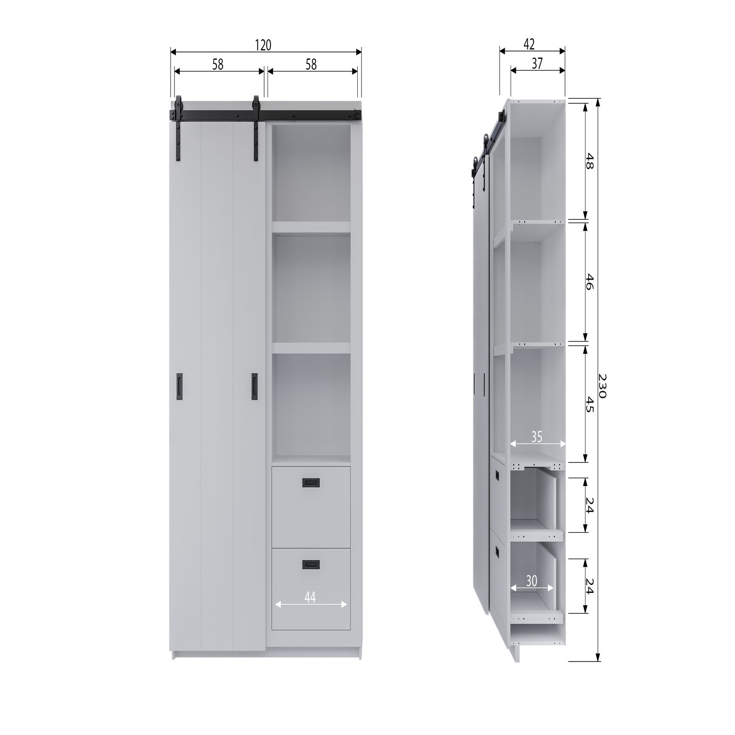 Armadio 2 ante scorrevoli 2 cassetti in legno di pino Ember 122x232 cm
