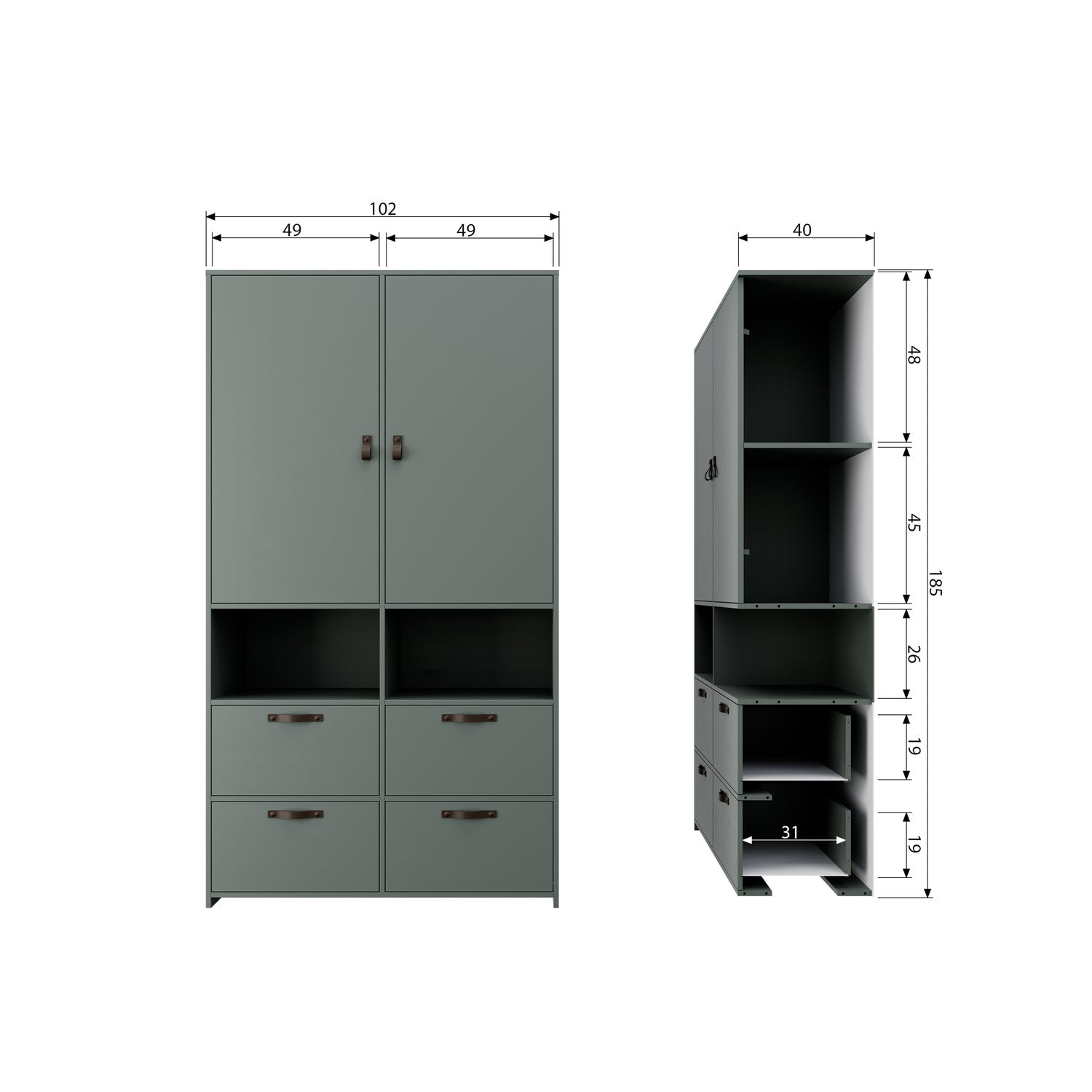 Credenza 2 ante 4 cassetti in legno di pino verde Sally 185x103 cm