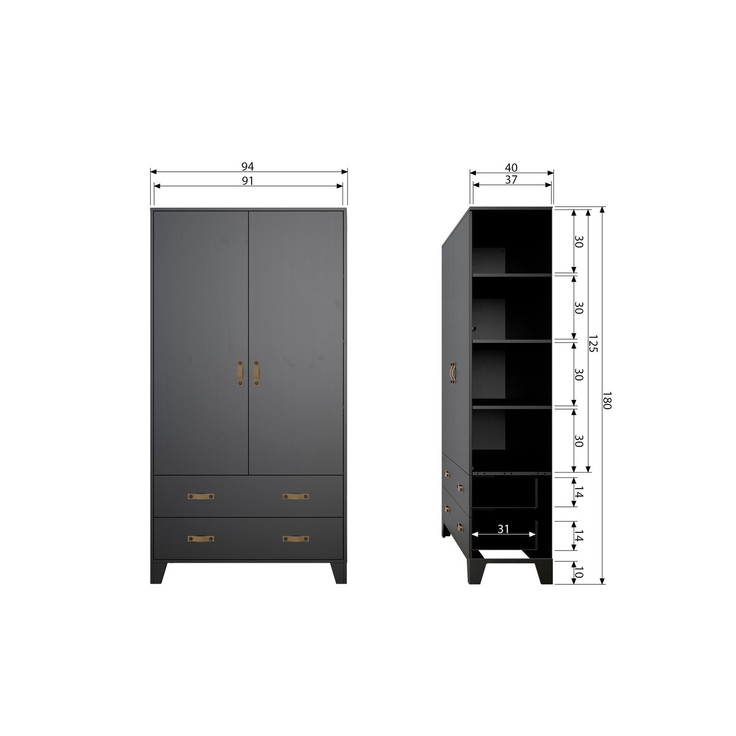 Cappottiera 2 ante 2 cassetti in legno di pino nero Dian 180x94 cm