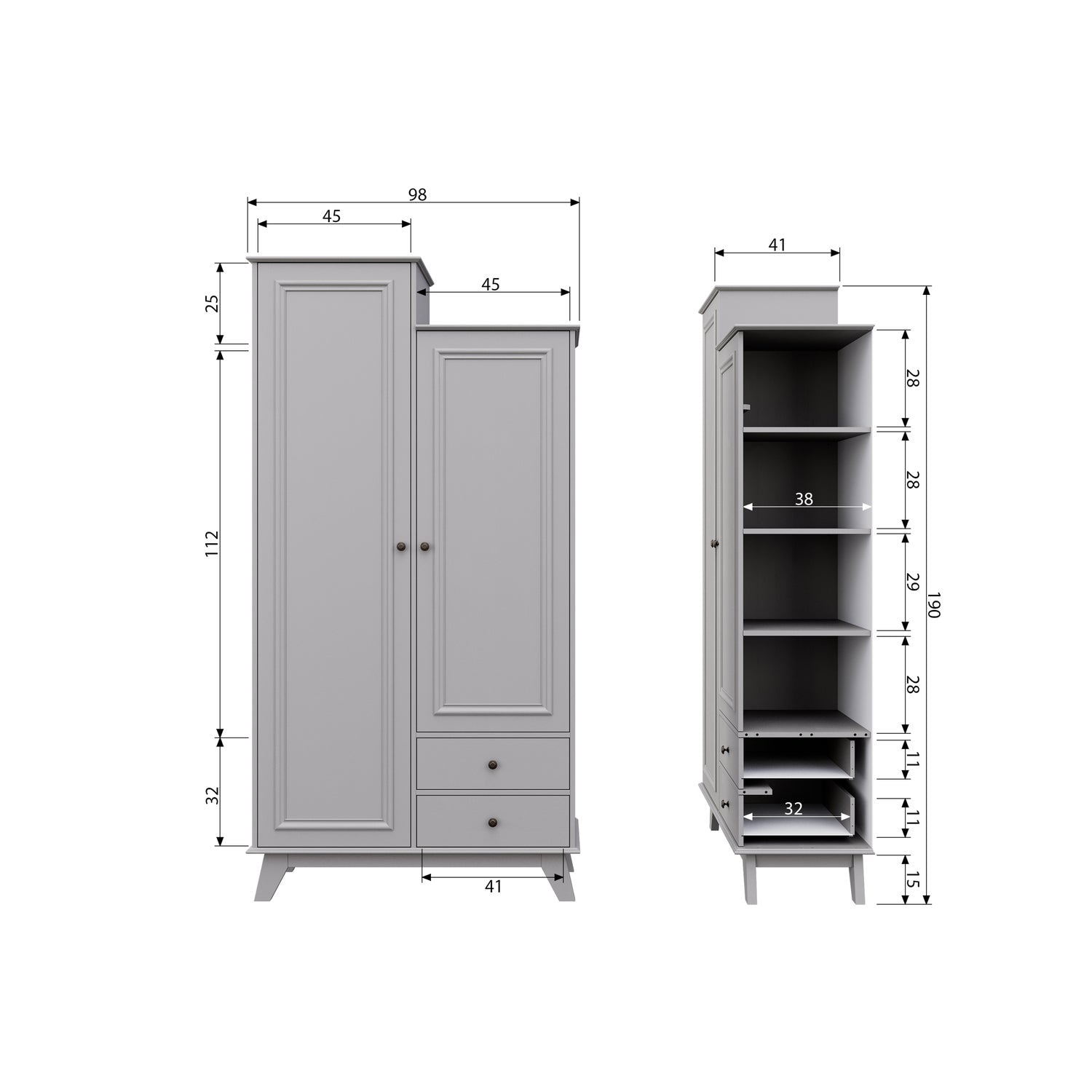 Cappottiera 2 ante 2 cassetti in legno di pino Lily 190x98 cm