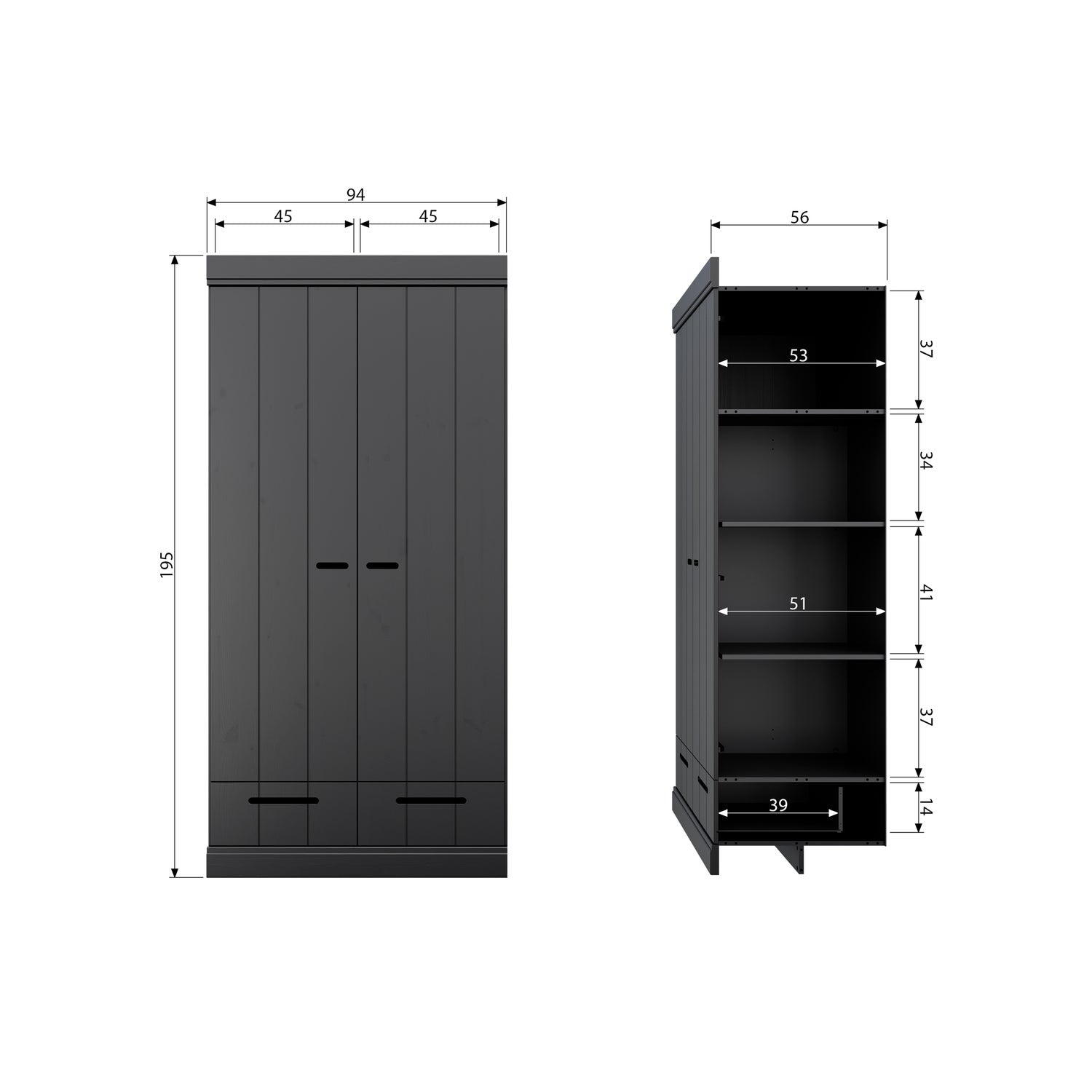 Armadio 2 ante 2 cassetti in legno di pino Connect 94x195 cm