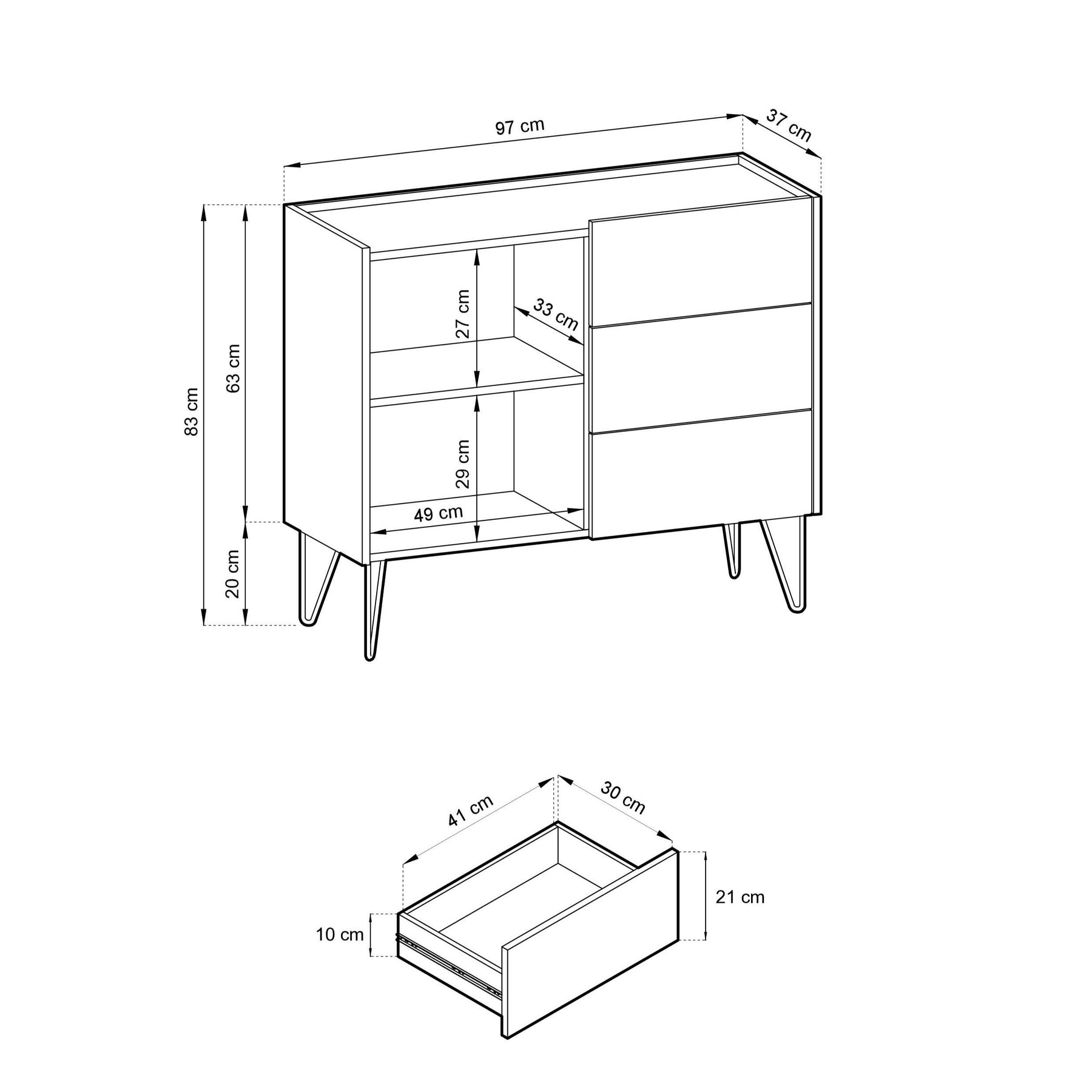 Credenza 1 anta 3 cassetti con piano effetto marmo Margo 97x83 cm