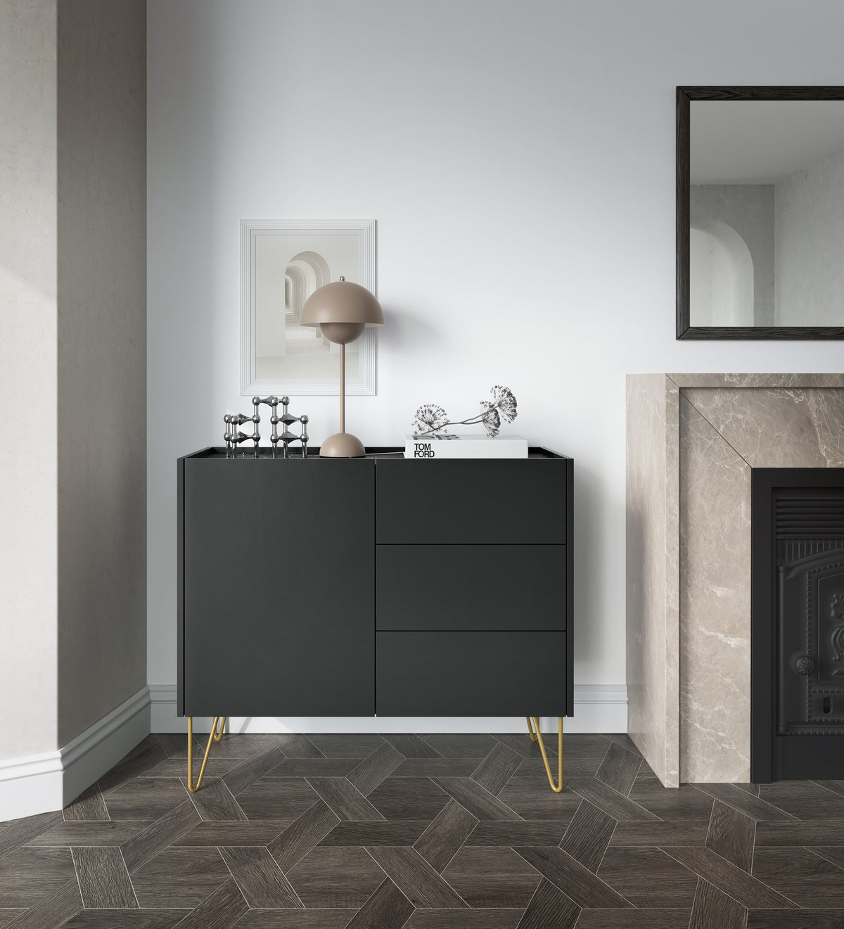 Credenza 1 anta 3 cassetti con piano effetto marmo Margo 97x83 cm