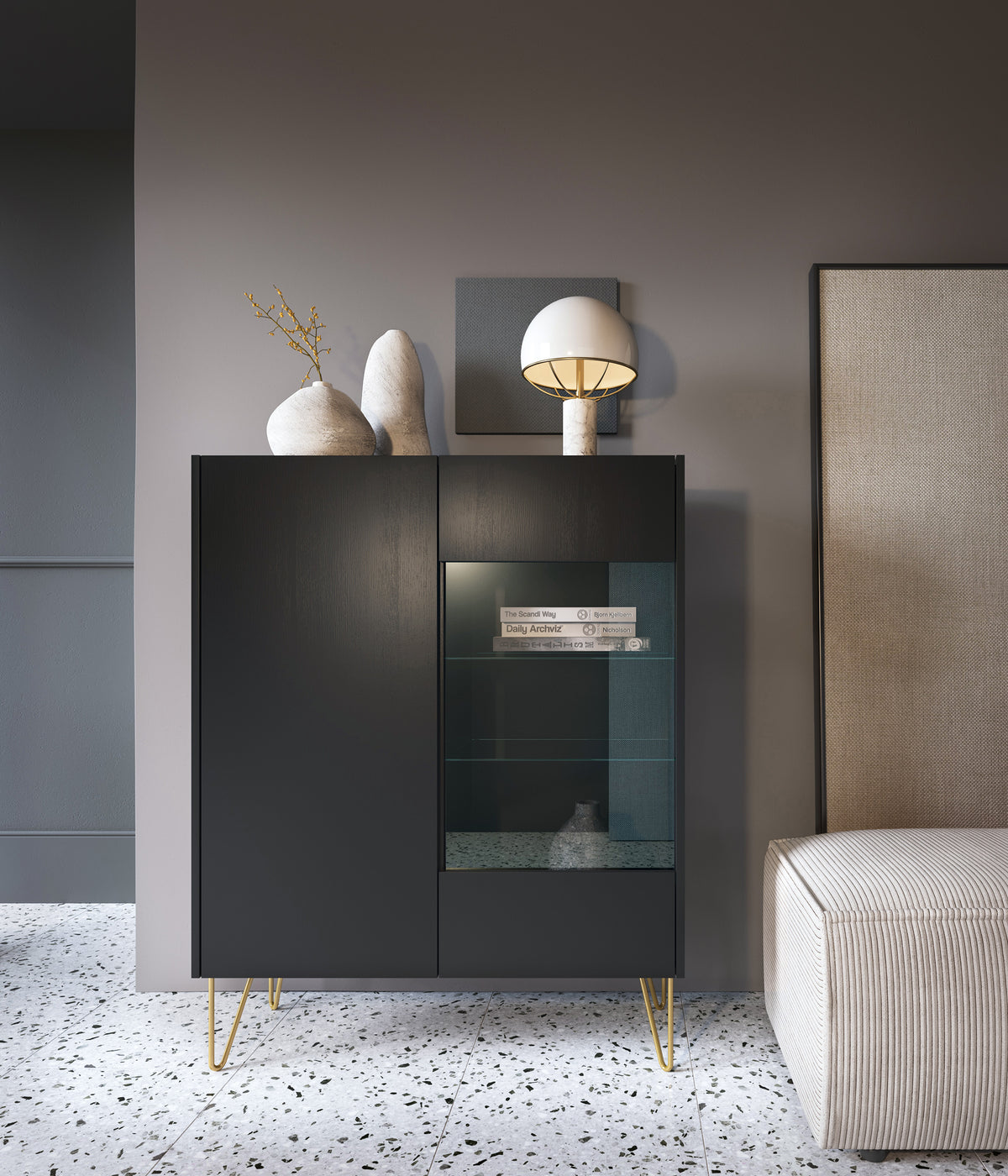 Vetrina 2 ante in legno laminato nero con vetro temperato Margo 97x122 cm