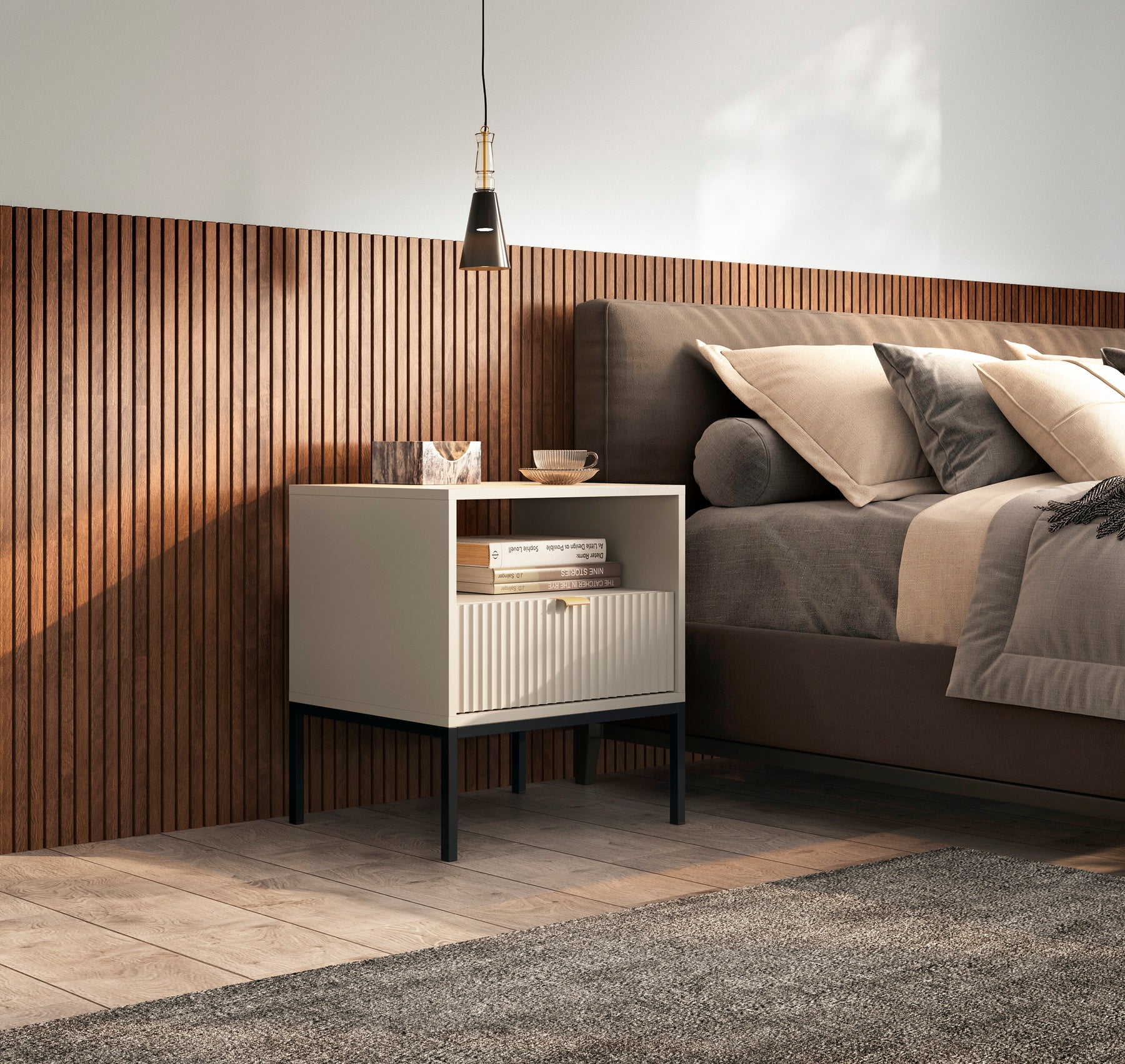 Comodino con piedi in metallo ed 1 cassetto in legno laminato Miseno 54x56 cm