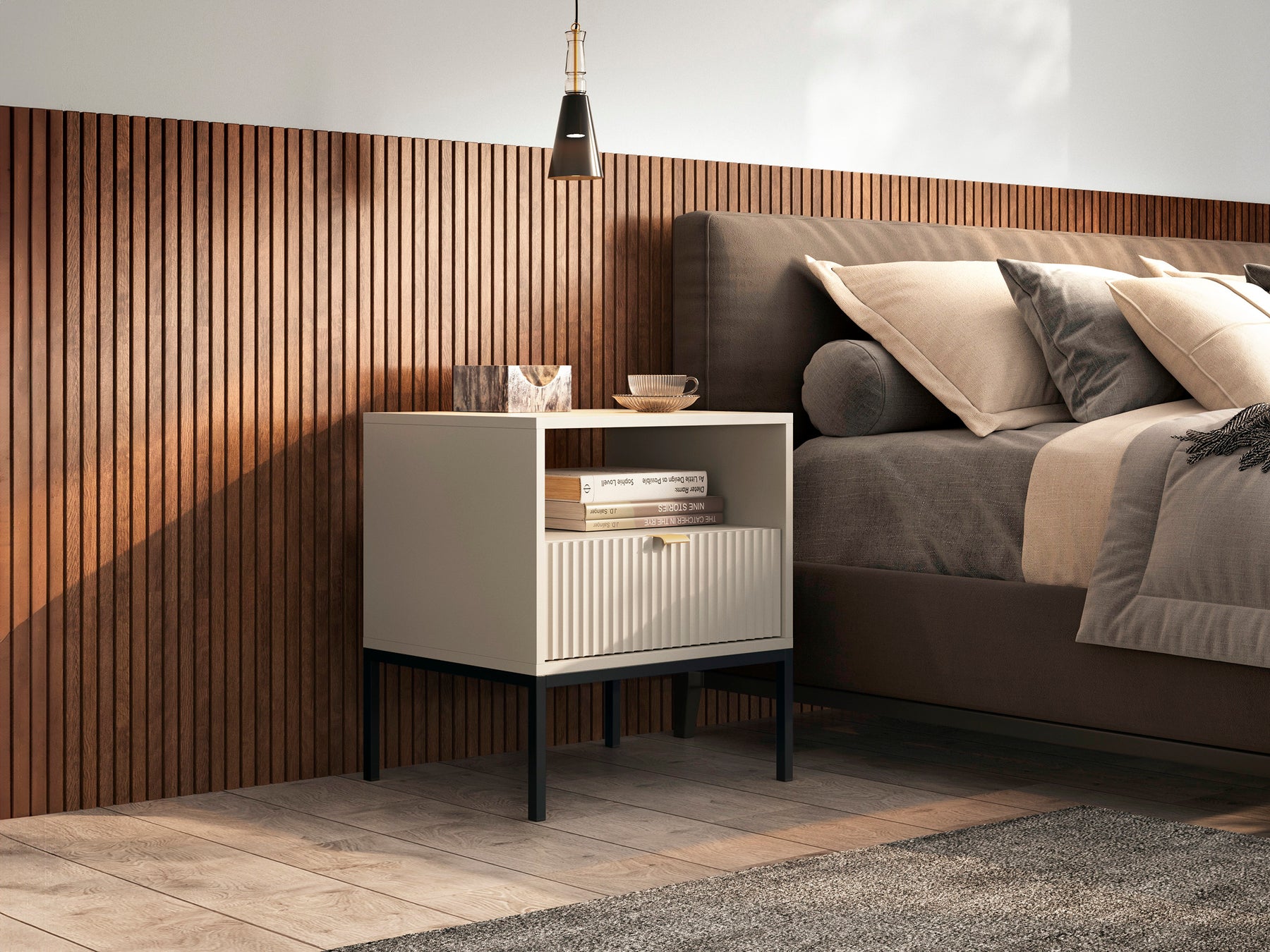 Comodino con piedi in metallo ed 1 cassetto in legno laminato Miseno 54x56 cm