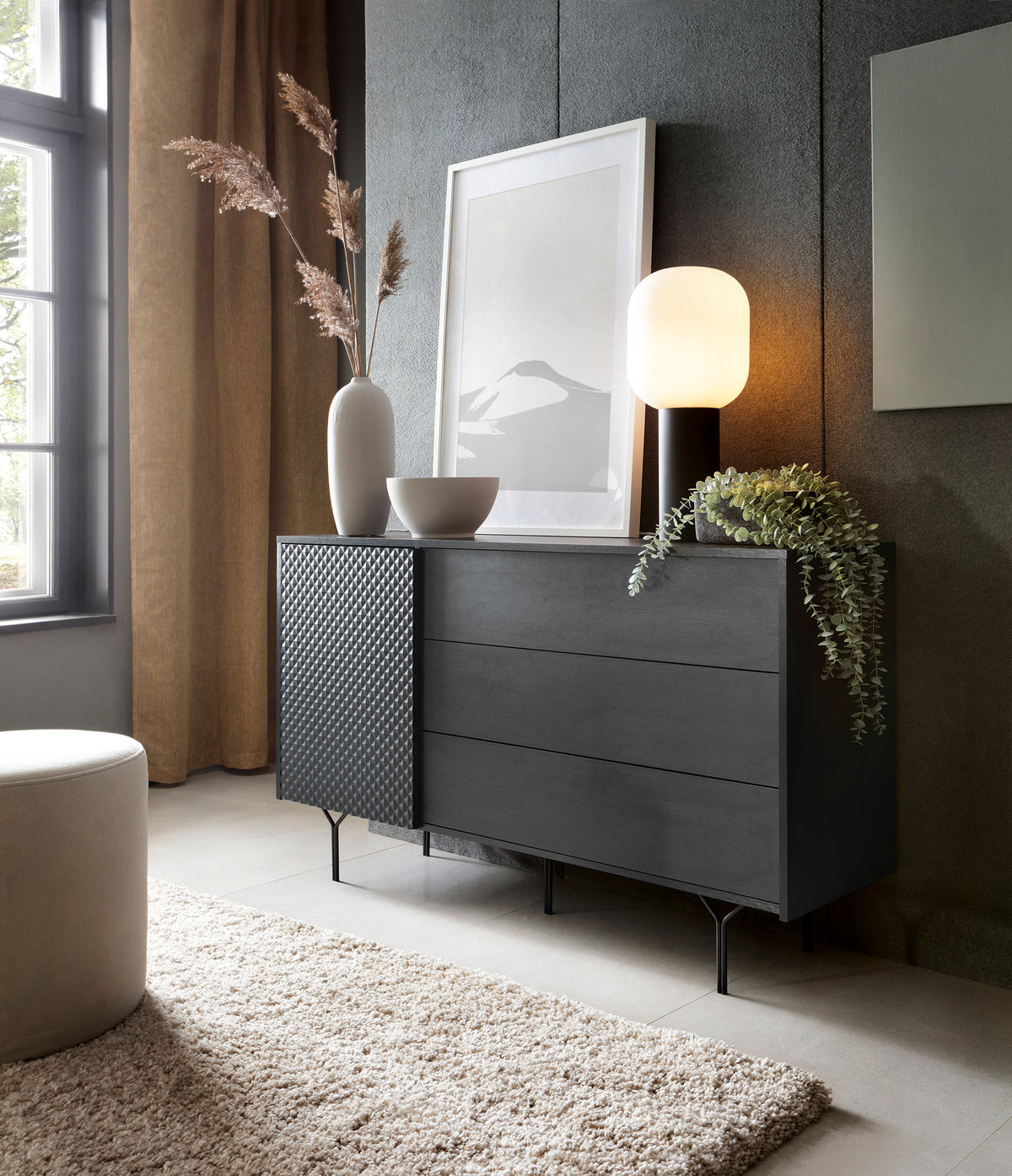 Madia 1 anta 3 cassetti in legno laminato Nerea 180x51 cm