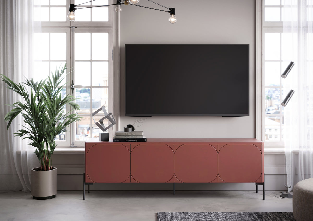 Mobile TV 4 ante con piede in metallo bordeaux Sonatia 204x65 cm
