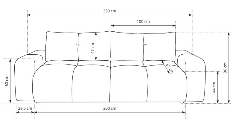 Divano letto in tessuto cannettato Vienna 259x99/149 cm