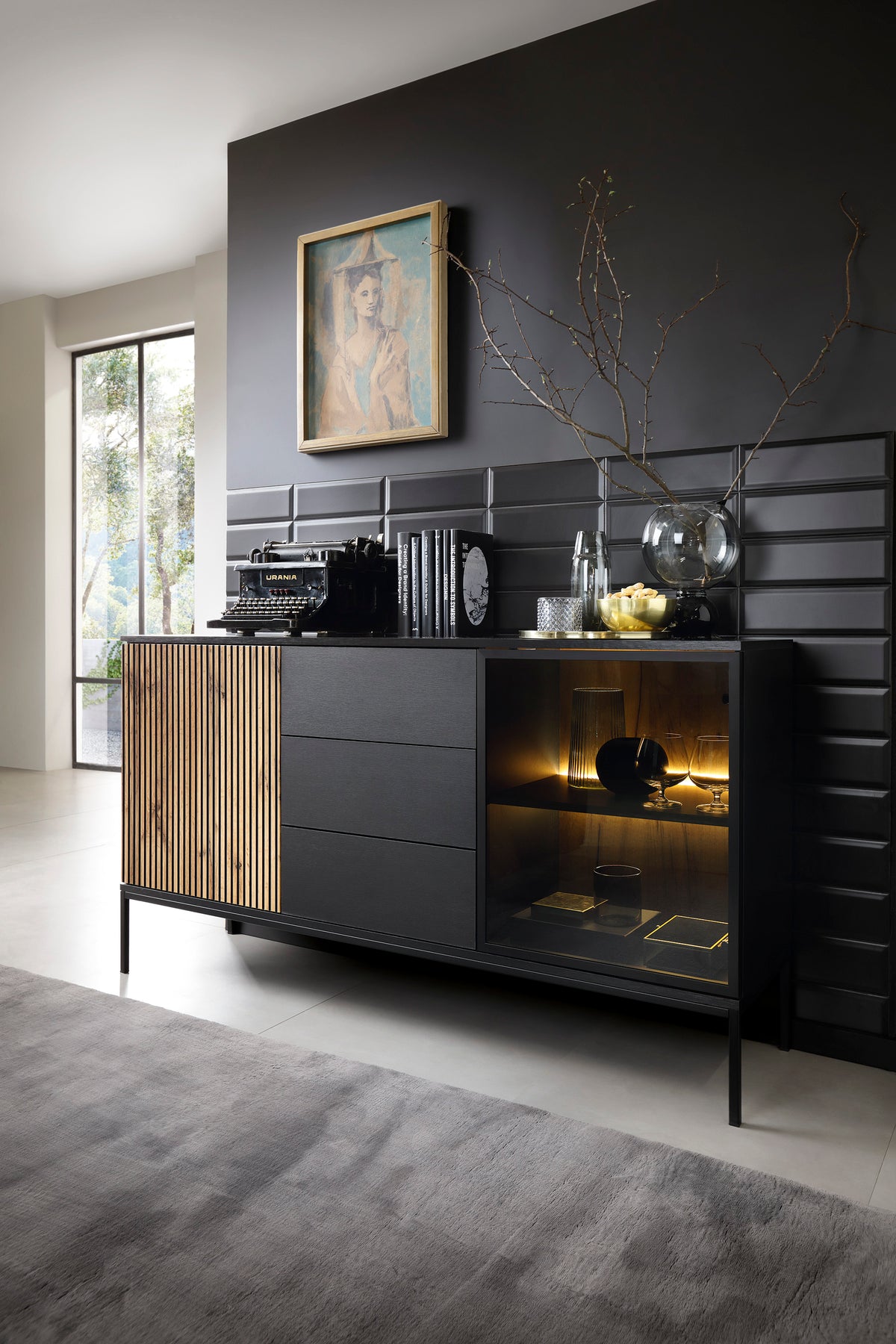 Credenza a 2 ante e 3 cassetti con LED integrato Aura 154x83 cm