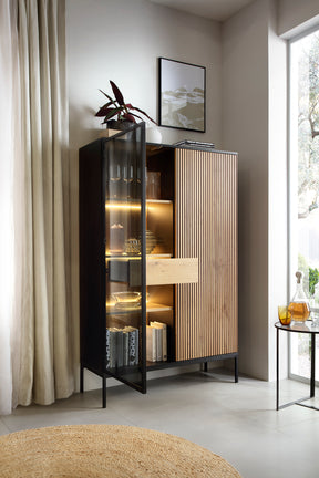Vetrina con 2 ante e LED integrato Nero e Rovere Aura 104x166 cm